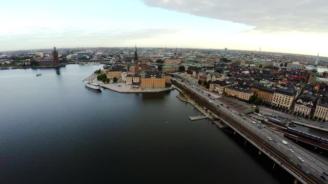 Aerial view. Stockholm. Old houses, buildings and streets. City center. Sweden. Shot in 4K (ultra-high definition (UHD).



