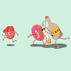 donut, alcohol and cigarette haunted heart. illustration of a healthy lifestyle.