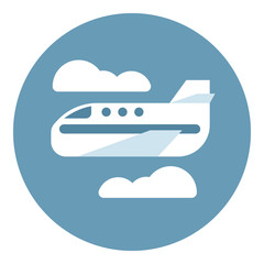 Digital vector aeroplane in blue circle with clouds sign, flat style