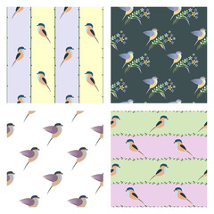 Set of seamless vector patterns with animals. Different colorful backgrounds with birds, branches with leaves. Graphic vector illustration. Series of Animals and Insects Seamless vector Patterns.