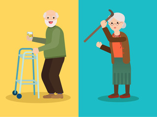 Grandmother scolds grandfather, Grandpa drinks whiskey with ice. Grandma and Grandpa have fun. Vector illustration of a flat design.