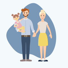 Young family with baby girl on arms vector illustration. Family members near their home. Typical family. People couple, people family together concept.