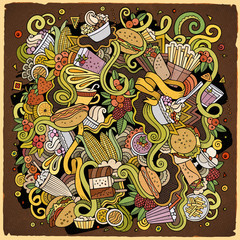 Naklejka premium Cartoon cute doodles hand drawn Fastfood illustration