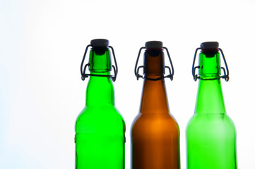Green and brown beer bottles. Retro. Isolated