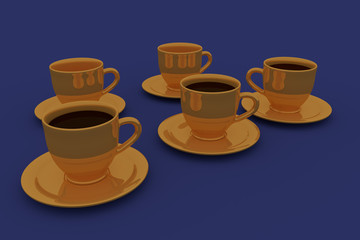 3D-Rendering von fünf Kaffeetassen mit Untertasse