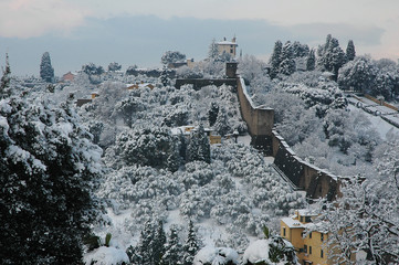 view of forte Belvedere in winter with snow, Florence, Italy. Firenze Italia.