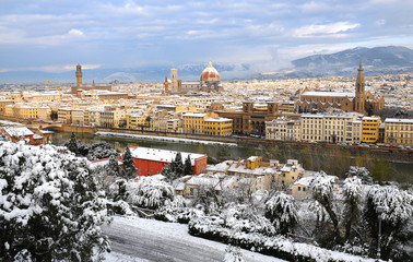 Panorama of Florence with Snow in Winter, Florence, Tuscany, Italy. Firenze, Italia.