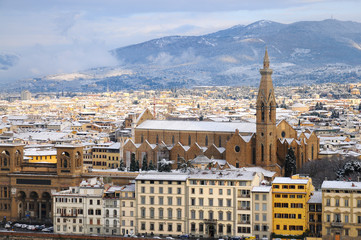 Panorama of Florence with Snow in Winter, Florence, Tuscany, Italy. Firenze, Italia.