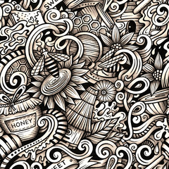 Cartoon hand-drawn doodles Honey seamless pattern