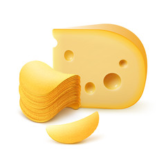Potato Crispy Chips Stack with Cheese Close up Isolated on White Background