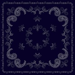 Dark blue and white bandana, hand drawn pattern, thin line, vector illustration
