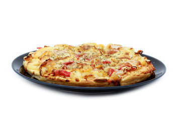 Pizza on a black tray.