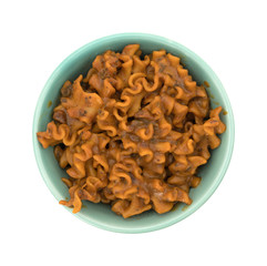 Marinara pasta in a bowl on a white background top view.