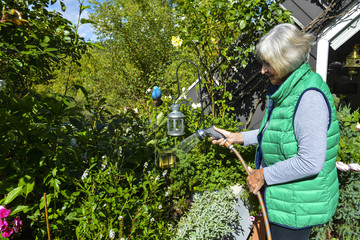 GERMANY NORTH RHINE-WESTFALIA, BONN: Elderly woman with grey hair watering flowers on her terrace...