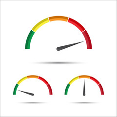 Set of simple vector tachometer with indicator in green, yellow and red part, speedometer icon, performance measurement symbol