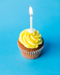 birthday cupcake with one burning candle
