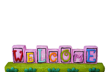 hand made welcome label from resin and paint on white background and design space.