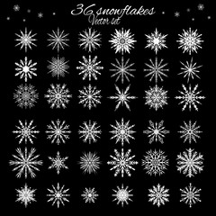 Set 36 white different snowflakes of handmade with long shadow