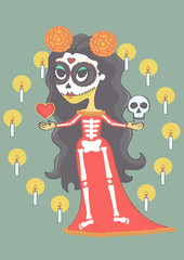 Colorful halloween girl in mexican day of death style. Vector cartoon of cute girl in sugar skull makeup.
