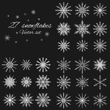 Set 9 white different snowflakes of handmade with long shadow