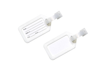 close up top view set of blank & non blank badge name tag isolated on white background