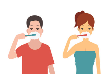 tooth brushing man and woman