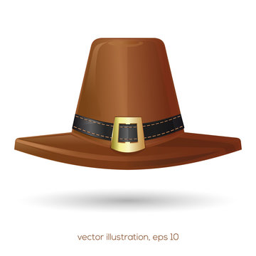 Brown pilgrim's hat with a black stitched buckle. Thanksgiving symbol. Vector illustration