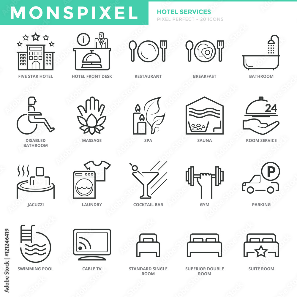 Poster flat thin line icons set of travel and vacations activities. pixel perfect icons. simple mono linear