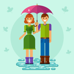 Flat design vector illustration of funny smiling woman and man on dating walk. Girl in dress keeping boy's hand holding umbrella. Including jeans, rubber boots and puddle.