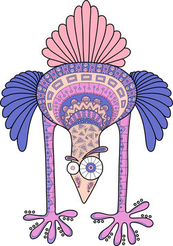Crazy ostrich with doodle pattern, cartoon vector illustration