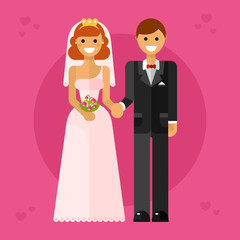 Flat design vector illustration of happy wedding couple or newlyweds. Smiling bride in tiara with bridal bouquet and groom in bow tie are holding hands. Love and marriage concept.