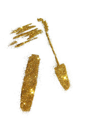 Mascara and strokes of golden glitter sparkle on white background. Can be used for fashion editions, websites, magazines etc.
