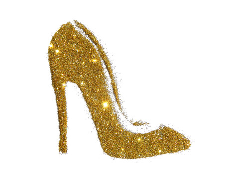High heel shoe of golden glitter sparkle on white background
