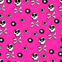 Seamless background. Vector pattern. Hand drawn skulls, stars. Rock, grunge, punk style.