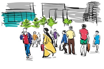 crowd traveling in urban scene cartoon drawing