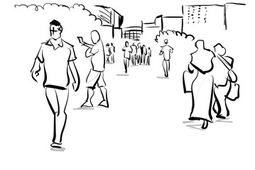 crowd traveling in urban scene cartoon drawing