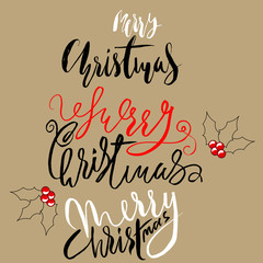 Merry Christmas Lettering Design Set on Golden Background. Vector illustration EPS10