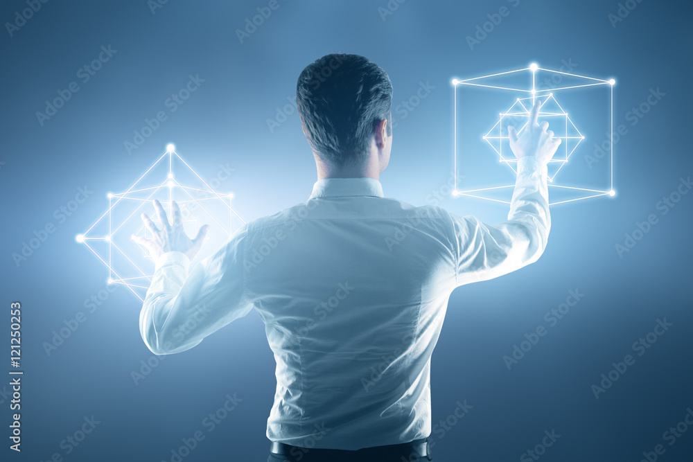 Poster man controlling digtal models