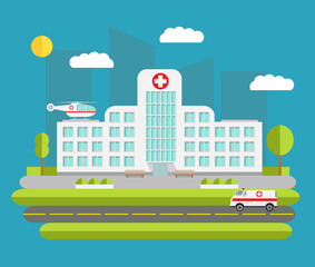 flat Illustration with the image of hospital of the car of ambulance and the helicopter of the emergency services