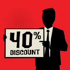 Man showing board, with text 40 percent Discount