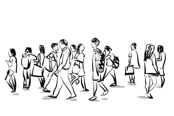 group of people walking isolated on white free hand sketch