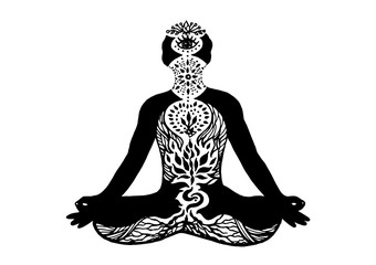 7 chakra vector sign symbol, lotus pose yoga with mudra hand