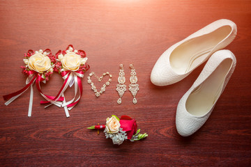 Wedding details. Bouquet and accessories of bride and groom