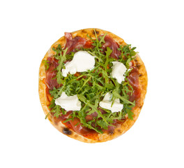 Pizza with  arugula, bacon, tenderloin, tomato and mayonnaise. Pizza on a white background.