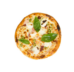 Pizza on a white background with eggs, ham, cheese and peppers.