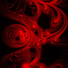 Bloody labyrinth. Abstract fantasy shapes on black background. Computer-generated fractal in vibrant red color.