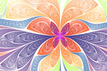 Exotic flower. Abstract fantasy ornament on white background. Asymmetrical pattern. Computer-generated fractal in green, orange, red, yellow, rose, violet and blue colors.