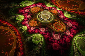 Abstract fantasy 3d ornament on black background. Computer-generated fractal in green, orange, crimson and rose colors.
