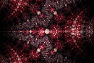 Abstract fantasy ornament on black background. Symmetrical pattern. Computer-generated fractal in faded violet, bloody red and rose colors.
