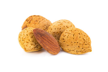 Almond nut in shell and shelled isolated on white background